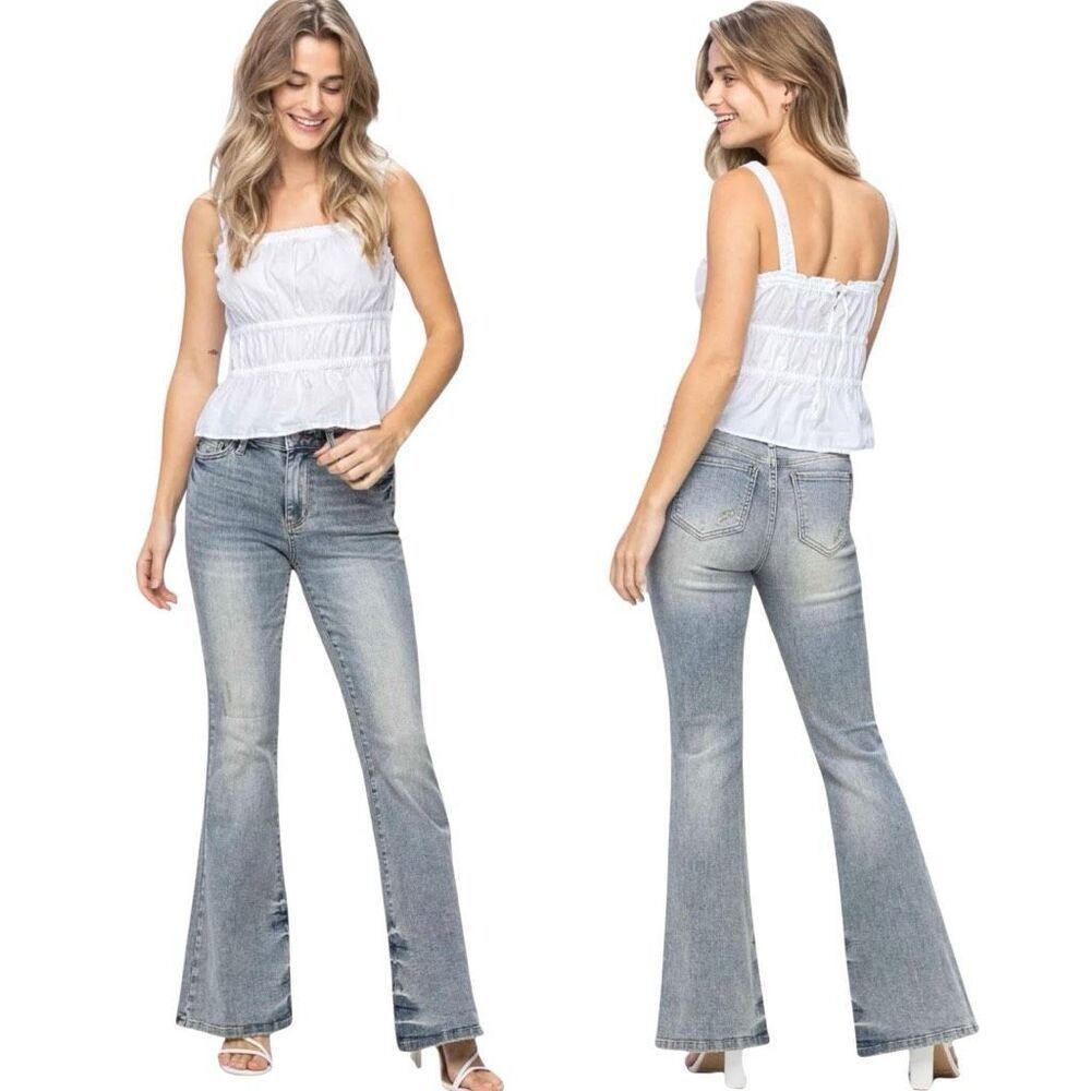 Judy Blue Mid Rise Tinted Wash Pin Tack Flare Jeans | Stretch Denim | 14W NWT